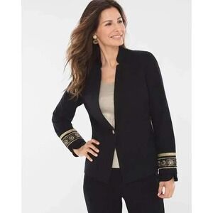 Chico's Black Blazer Jacket Size 8 Medium Gold Button‎ Embroidered Long
